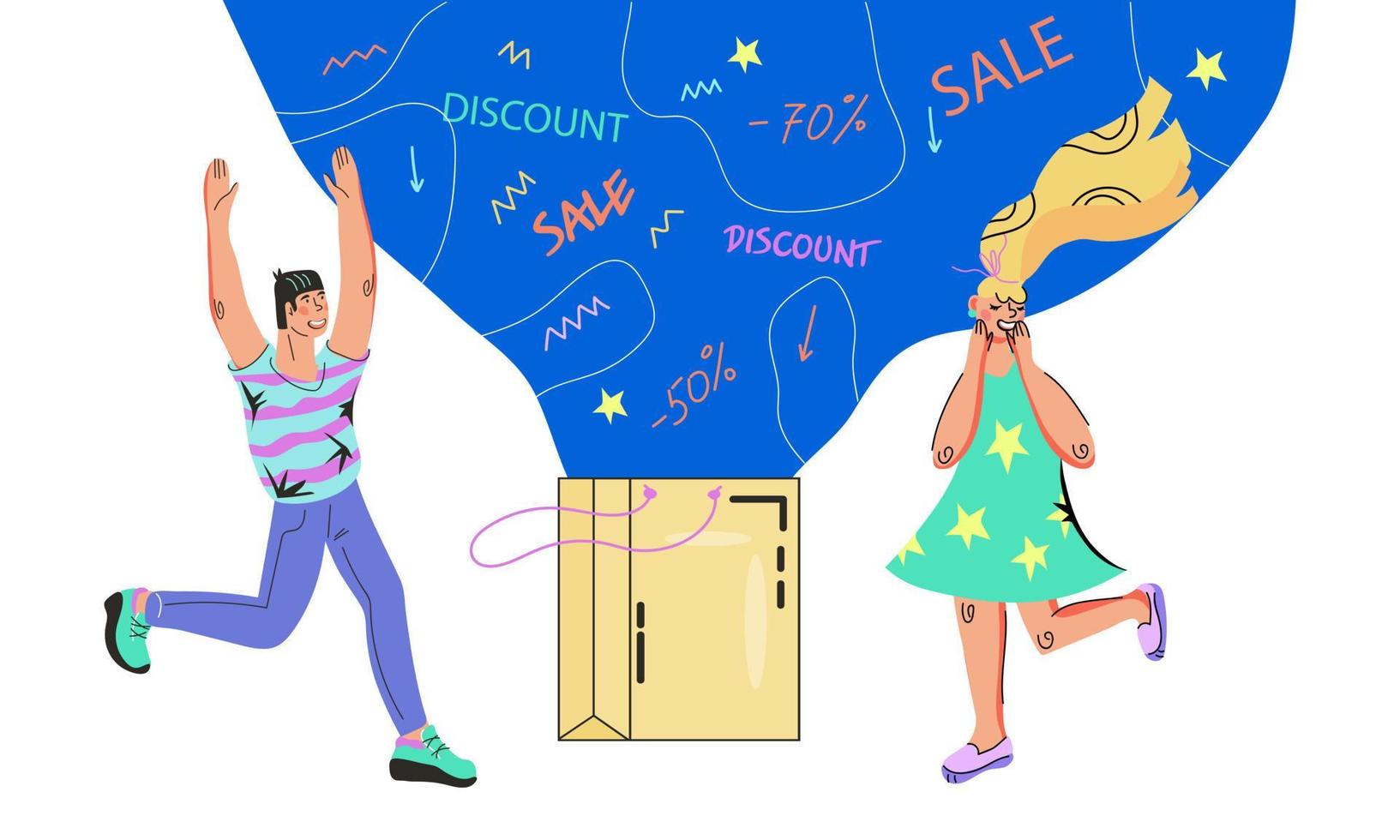 People characters near shopping bag - sale and discount event promotion advertising banner template. Special offer and final season online sale. Flat vector illustration.