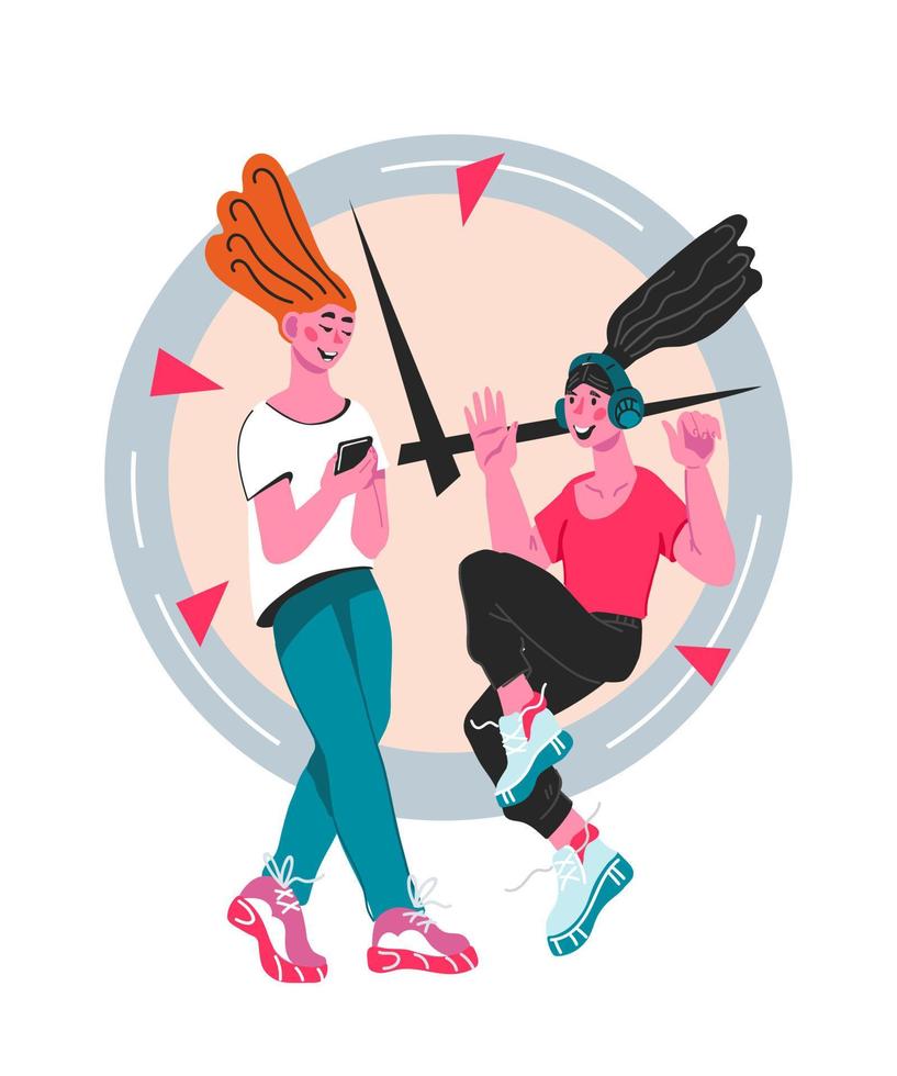 Fitness plan concept with women characters at background with clock planning diet nutrition and exercising. Diet helper application for weight loss and healthy living. vector illustration isolated.