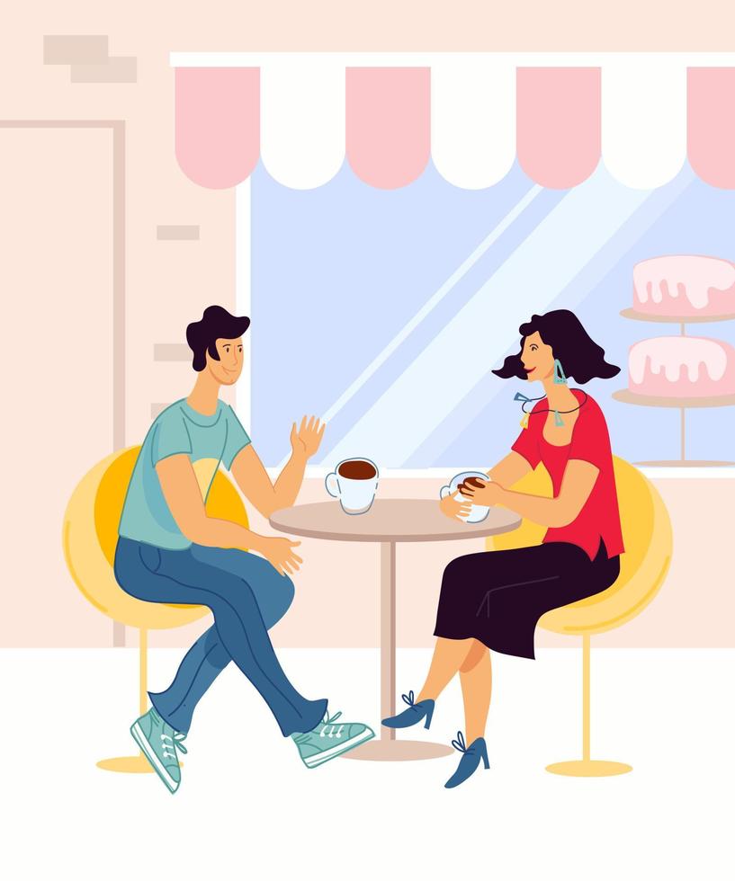 Loving couple or friends meeting in street restaurant. Boyfriend and girlfriend dating in cafe or cafeteria. Romantic relationships and love, leisure and vacation. Flat cartoon vector illustration.
