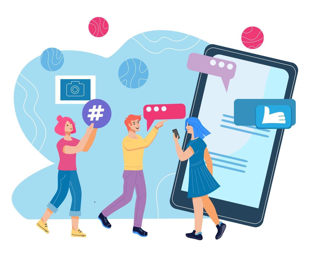 Social media marketing and online communication concept with people characters at phone screen backdrop. Network technology for business promotion and advertising. Flat vector illustration.