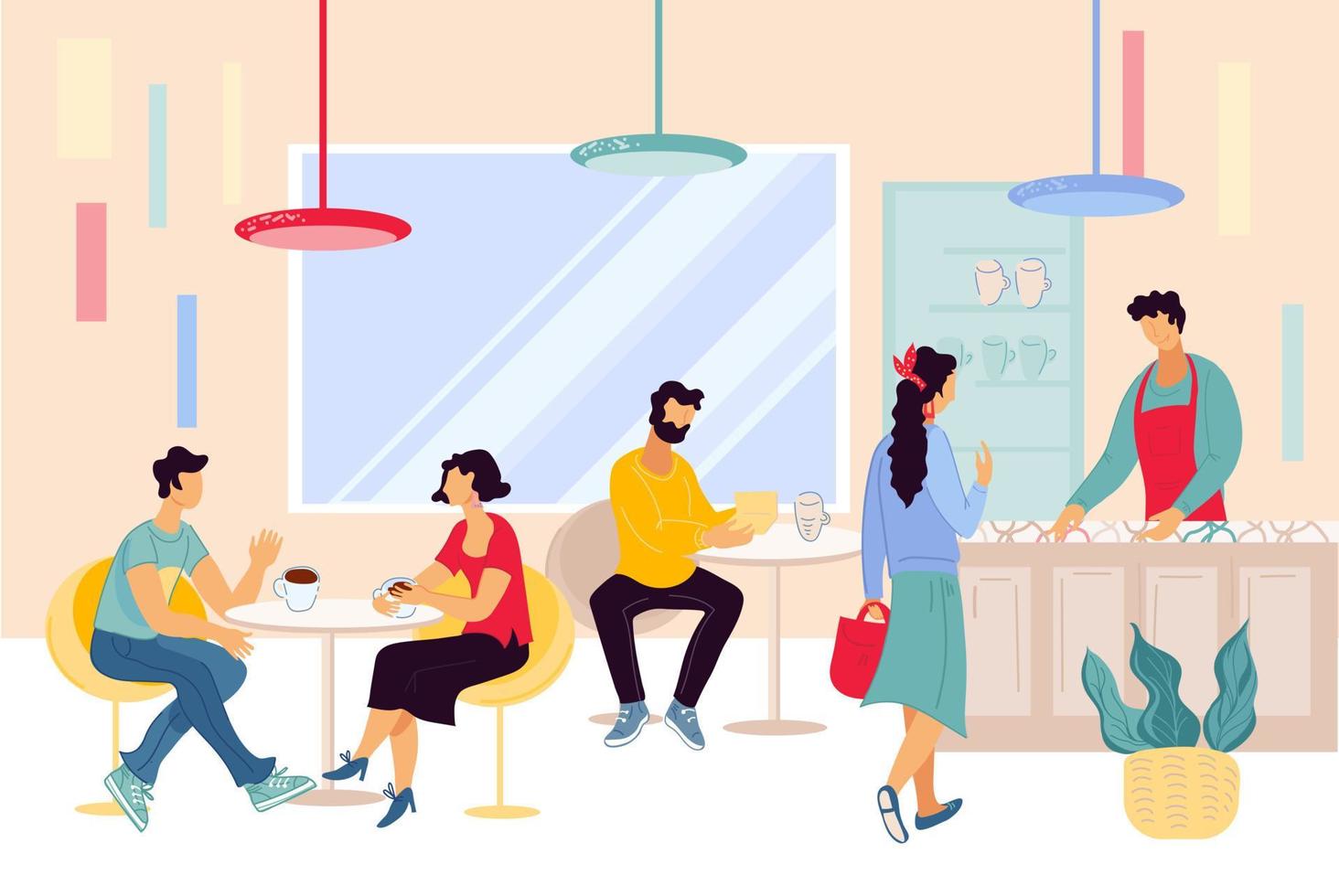 People for lunch at restaurant, cafe. Men and women cartoon character sitting at tables in cafeteria communicating, make order and barista at counter in modern cafe interior. Flat vector illustration.