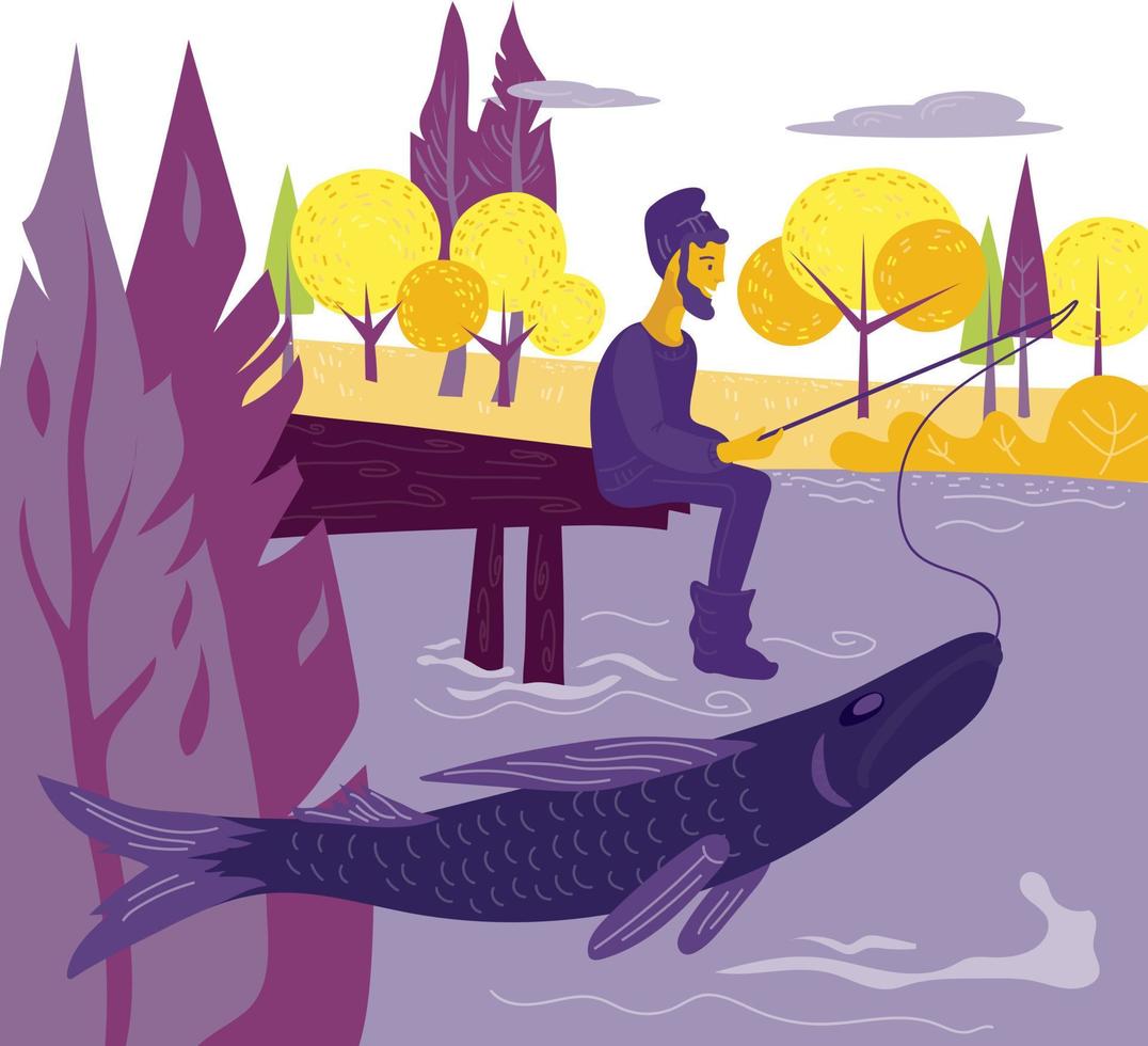 pescador pescando en río o lago, ilustración de vector de dibujos animados plana. recreación en la naturaleza.