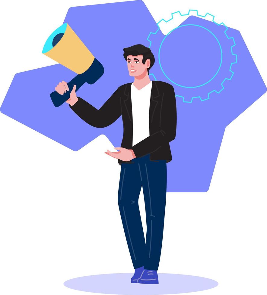 hombre de negocios con un megáfono. promoción empresarial y promoción seo, publicidad en redes sociales, ilustración vectorial plana aislada en fondo blanco. vector