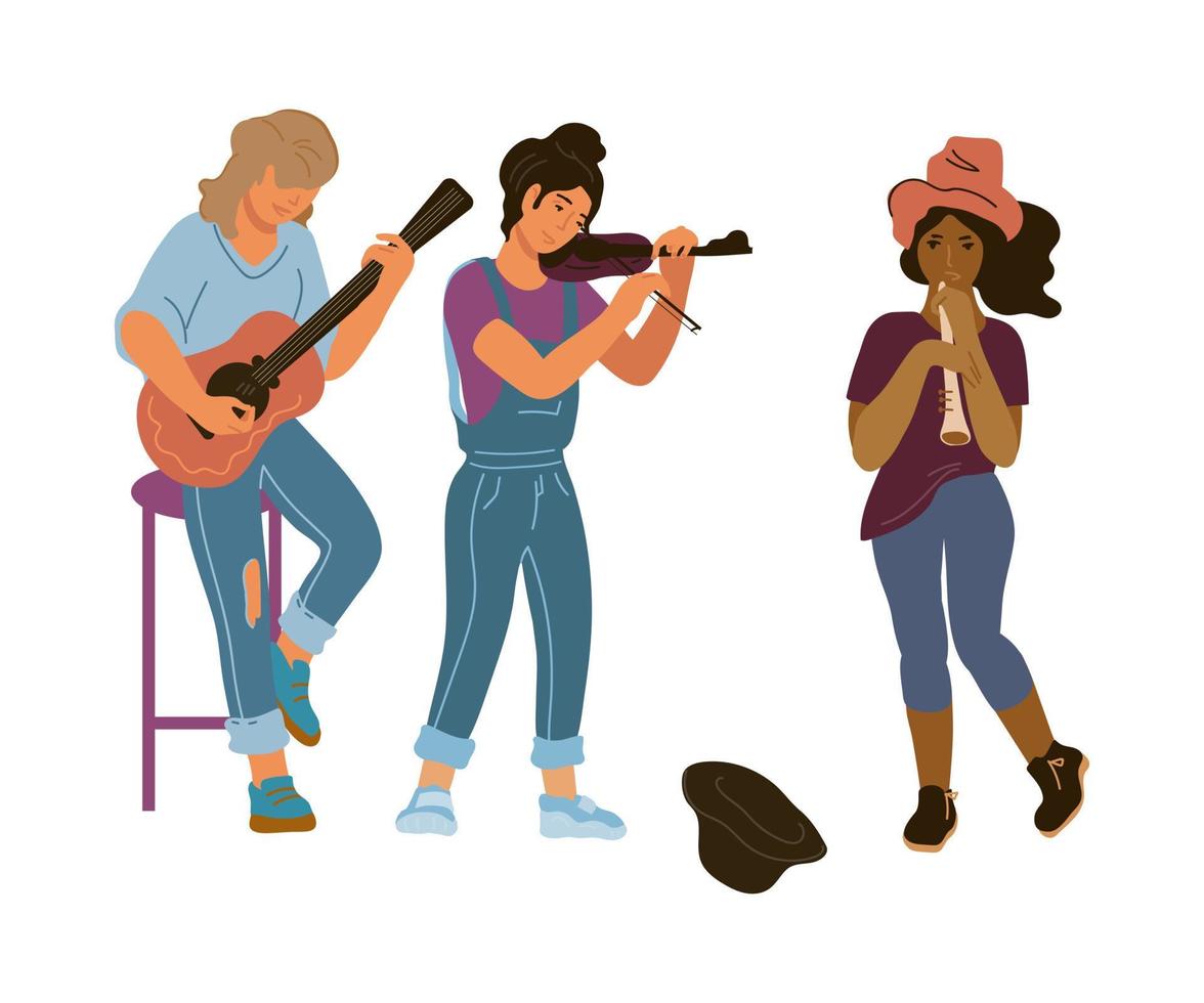 grupo de músicos callejeros, personajes de dibujos animados tocando música, ilustración vectorial plana aislada en fondo blanco. actuación o espectáculo en las calles de la ciudad, escena de estilo de vida urbano moderno. vector