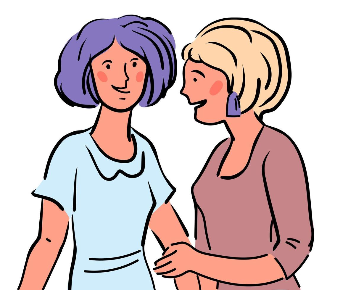 dos mujeres o niñas hablando y riendo ilustración vectorial en estilo garabato aislado sobre fondo blanco. conversación amistosa y discusión, refiera a un amigo y el concepto de intercambio de información. vector