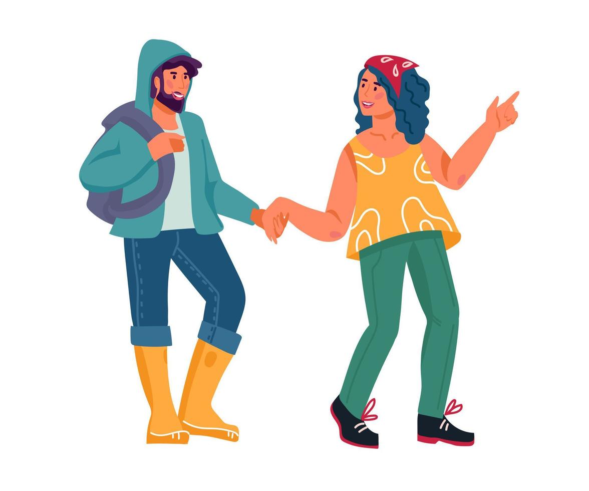 Pareja de turistas o excursionistas, personajes de dibujos animados de hombre y mujer con mochila viajando por la naturaleza. turismo, montañismo y senderismo, vacaciones activas y ocio, ilustración vectorial plana aislada. vector