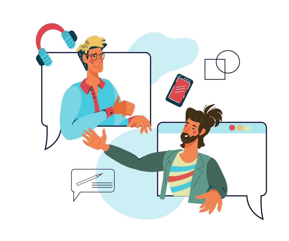 tecnología de Internet de comunicación de medios sociales con personajes de dibujos animados de personas que se comunican a través de computadoras o servicios de aplicaciones móviles. información y comercio en línea. ilustración vectorial plana aislada. vector