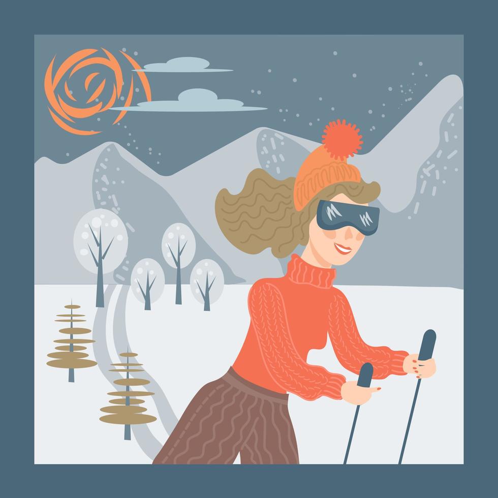 actividad de invierno al aire libre y concepto deportivo - mujer esquiando en una estación de esquí en el fondo del paisaje montañoso. saludo tarjeta de navidad y diseño de vacaciones de invierno. ilustración vectorial de dibujos animados plana. vector