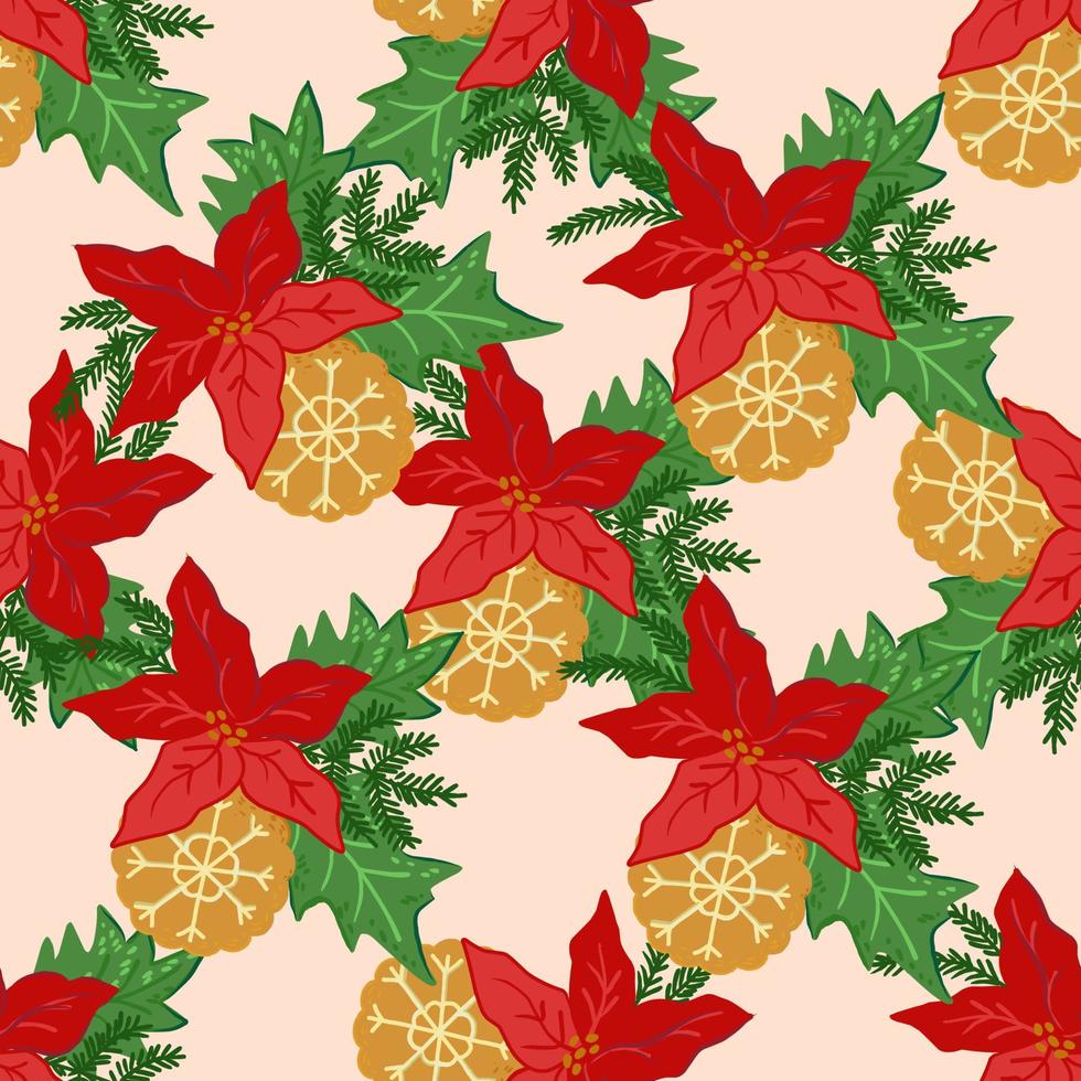 patrón sin costuras de vacaciones de navidad con galleta, flor de nochebuena y hojas verdes, ilustración patrón sin costuras de vacaciones de navidad con galleta, flor de nochebuena y hojas verdes, ilustración