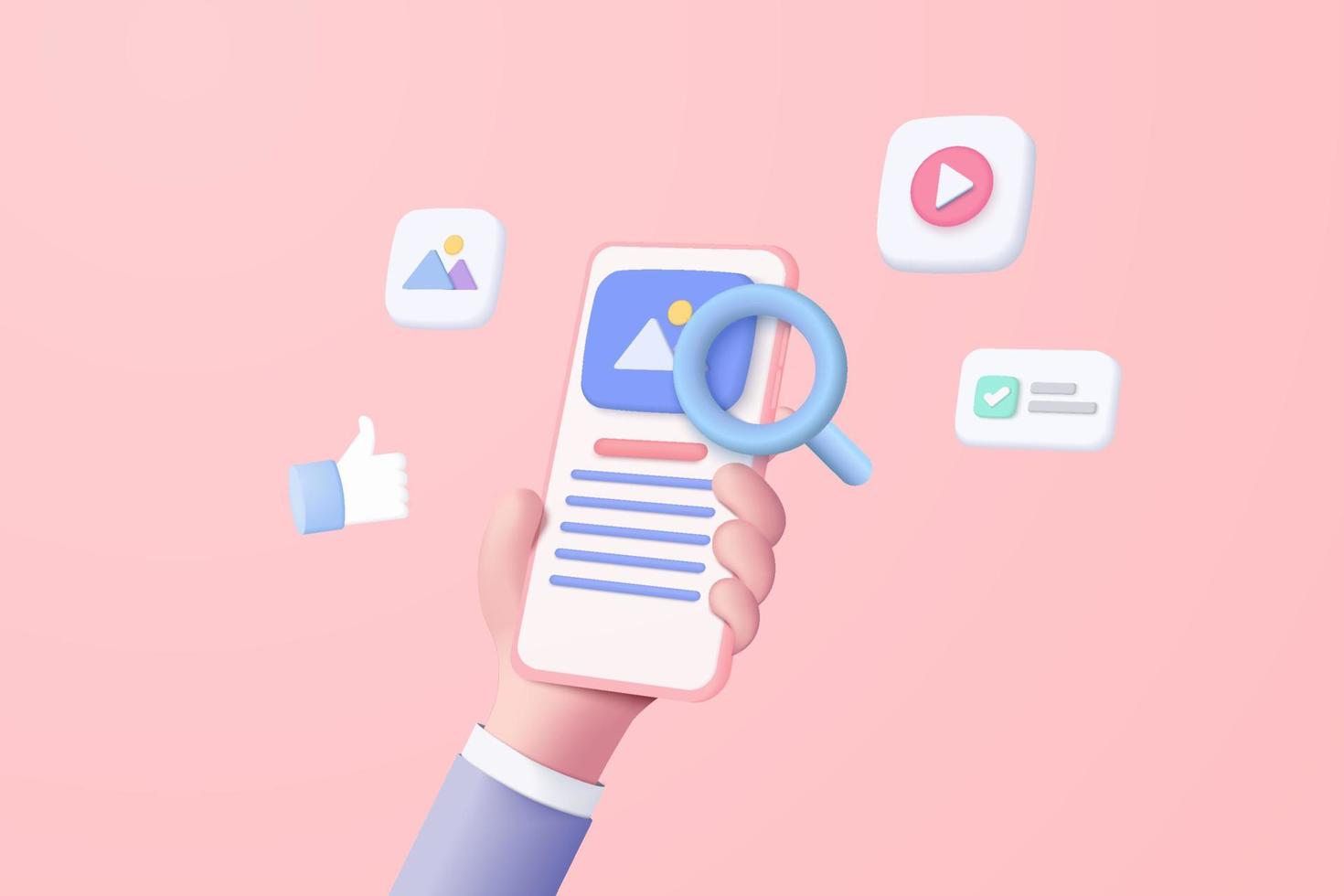 3D vector hand holding mobile phone with social icon on pink background, Searching image and video files in database concept, document management. showcase 3d minimal magnifying with device smartphone