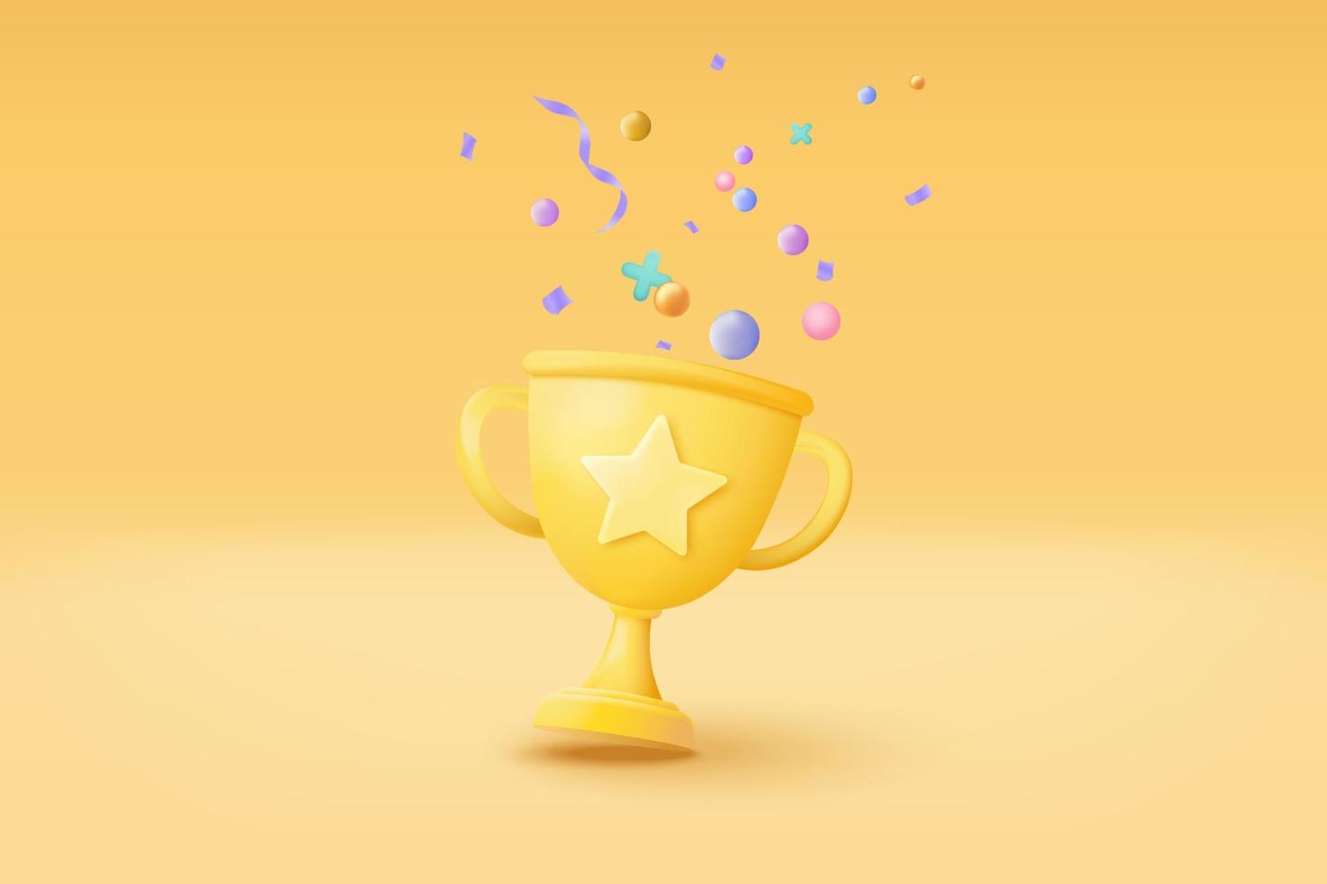 Ganadores 3d mínimos con copa dorada, estrellas ganadoras de oro con objetos flotando sobre fondo dorado. concepto de ceremonia de entrega de premios con estilo de dibujos animados. 3d vector render aislado sobre fondo amarillo pastel