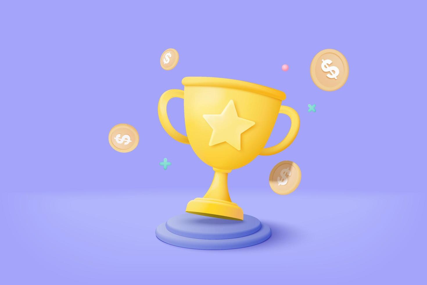 Ganadores 3d mínimos con copa de oro y moneda de dinero, estrellas de ganadores de oro en el fondo del podio. concepto de ceremonia de entrega de premios en pedestal con estilo de dibujos animados. Render 3d vector aislado sobre fondo pastel púrpura