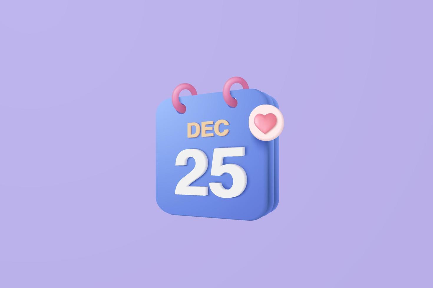 3d calendar marked date with love. Happy christmas day, blue pastel calendar with heart for schedule appointment, event day, holiday planning concept 3d vector render isolated background