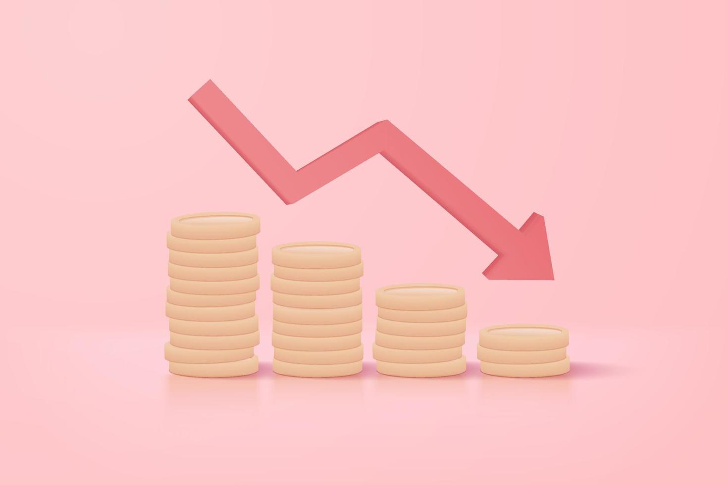 3D pile of silver coins and red arrows plummeting. The concept of business failure of a pile of coins, 3d money vector representation for finance, caution investment, money slump illustration concept