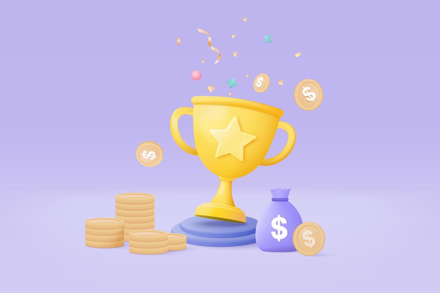 3d winners minimal with golden cup and money coin and bag, gold winner stars on podium background. Award ceremony concept on pedestal with cartoon style. 3d vector render isolated on pastel background