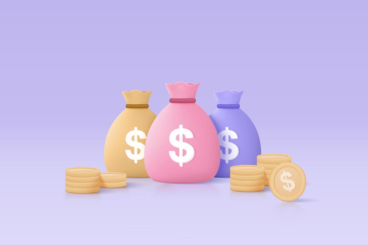 Bolsas de dinero 3d y ahorro de pilas de monedas en segundo plano. bolsas de dinero concepto de negocio en crecimiento para finanzas, inversiones, pago en línea y pago. 3d ganar dinero vector render aislado sobre fondo pastel