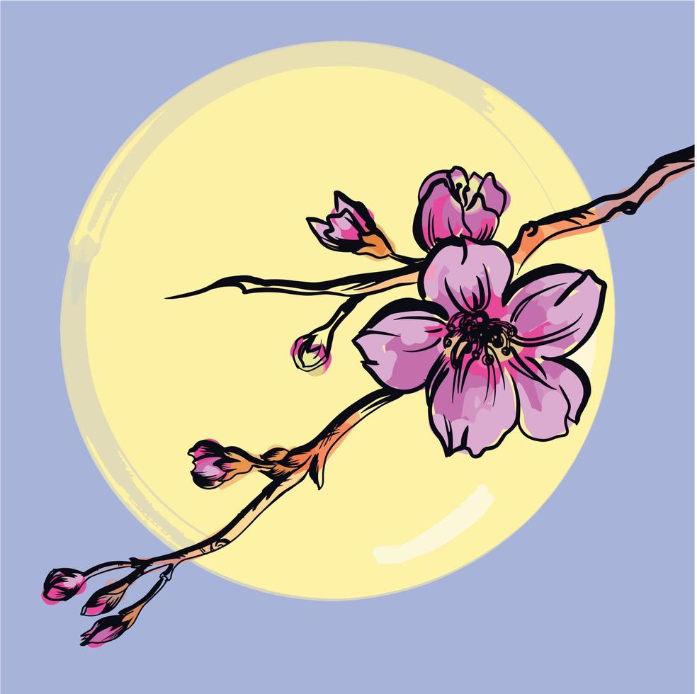 a branch of blooming sakura flowers against the backdrop of the sun vector