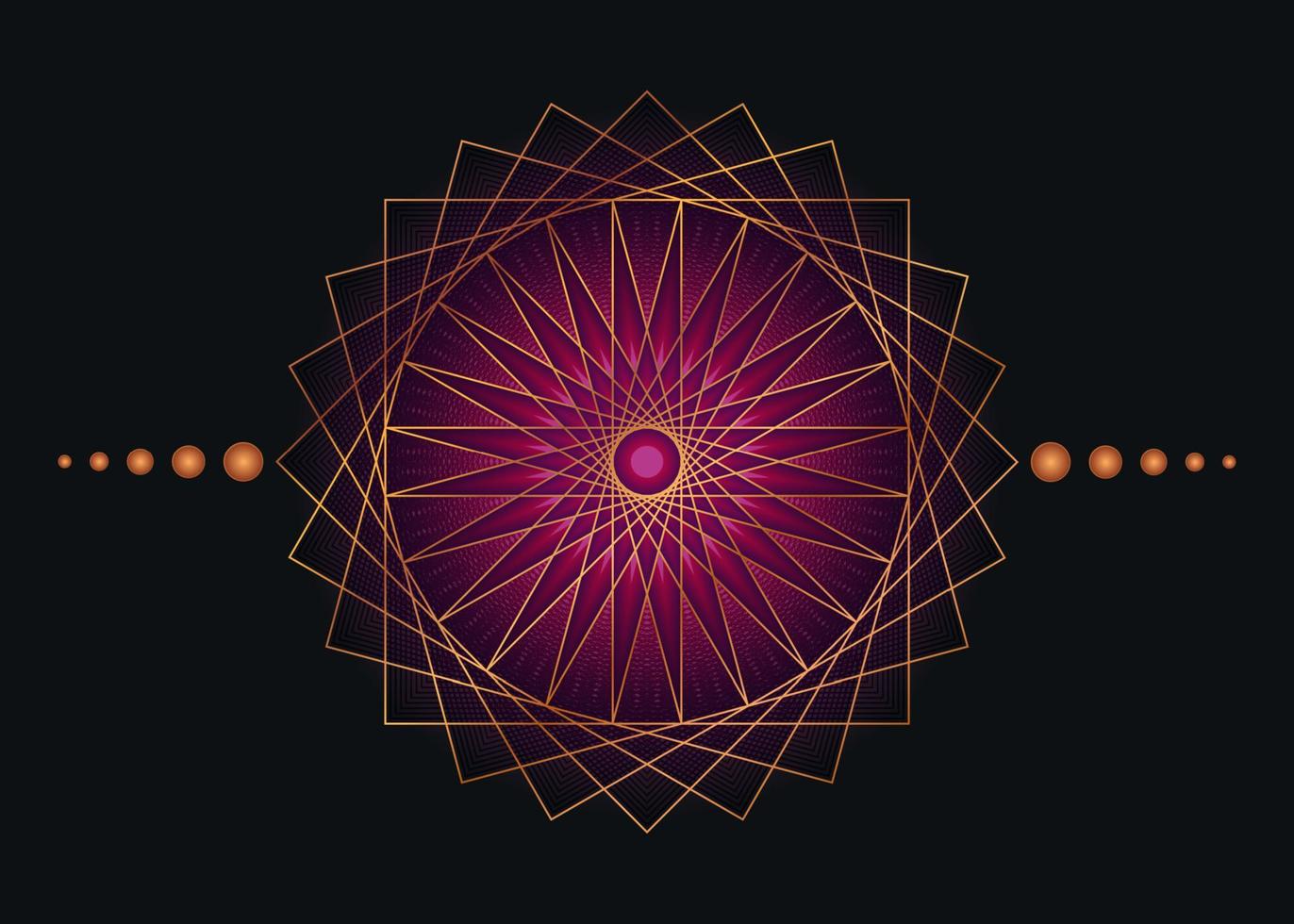 mandala de geometría sagrada, icono de círculo meditativo de oro de flor púrpura, diseño de logotipo geométrico, rueda religiosa mística, concepto de chakra indio, ilustración vectorial aislada en fondo negro vector