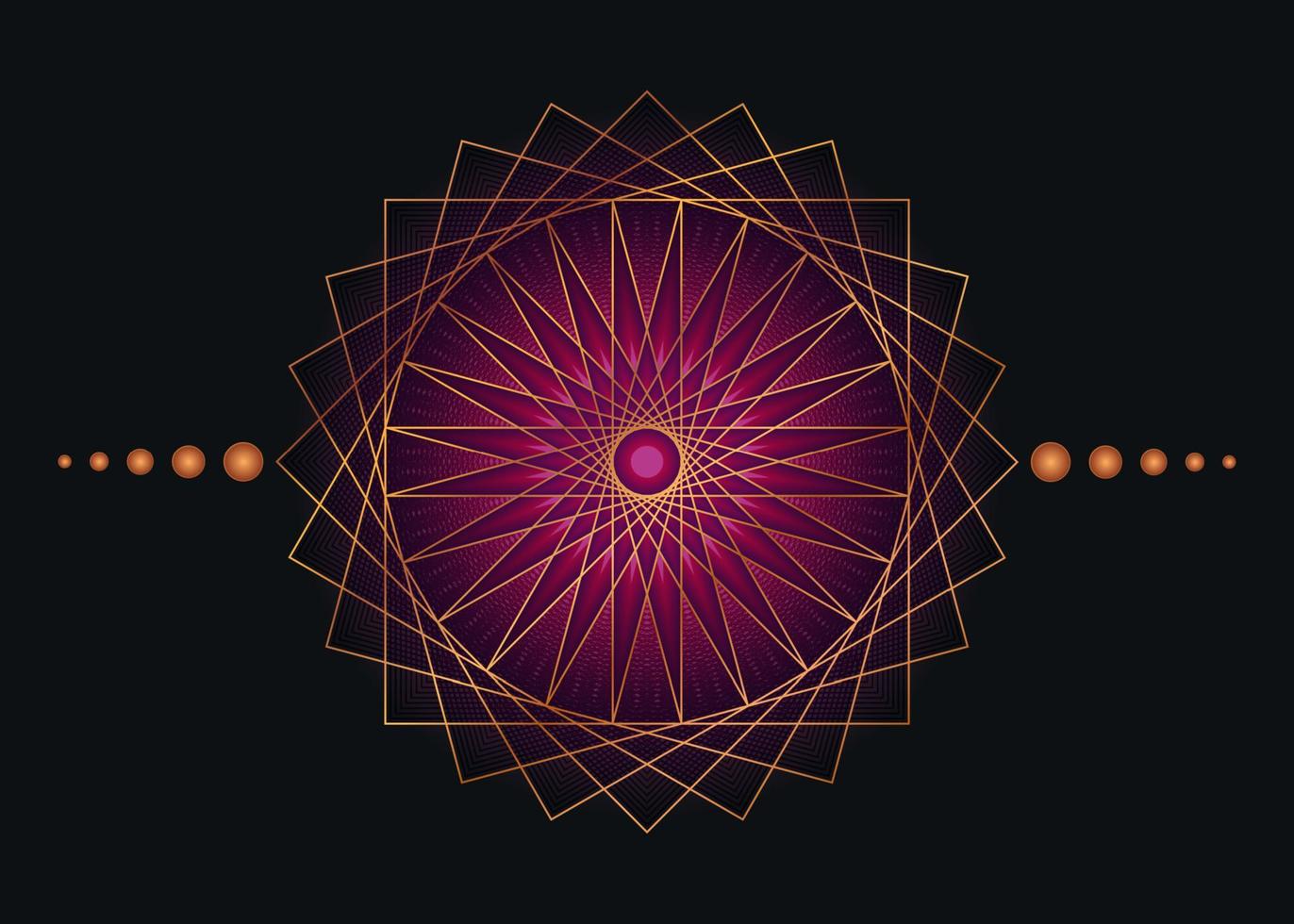 Sacred Geometry Mandala, purple flower gold meditative circle icon, geometric logo design, mystical religious wheel, Indian chakra concept, vector illustration isolated on black background