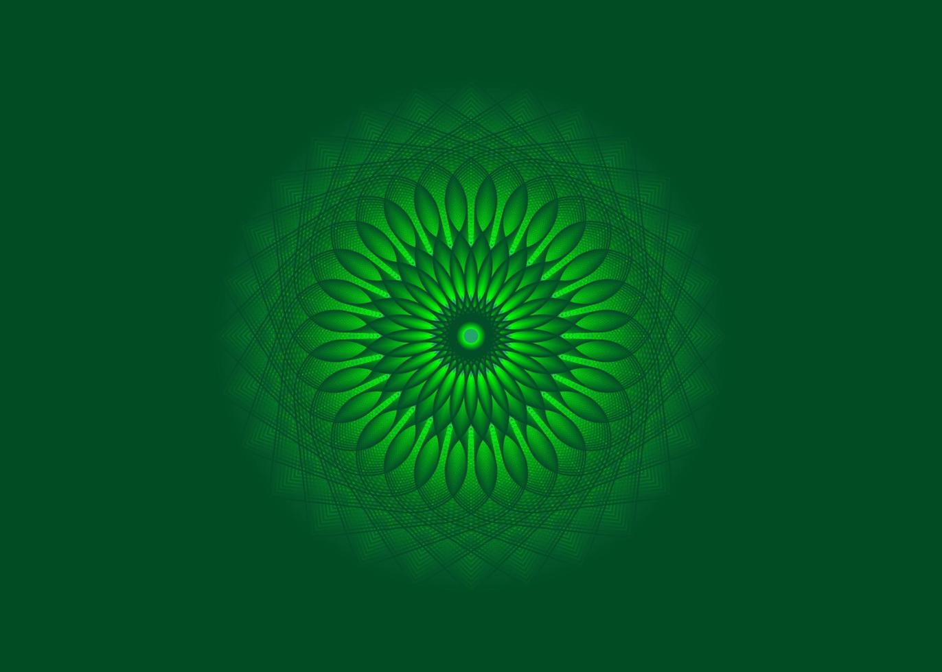 Light Bright Mandala, Sacred Geometry, green flower meditative circle icon, geometric logo design, mystical religious wheel, Indian Fourth chakra concept, vector isolated on green background