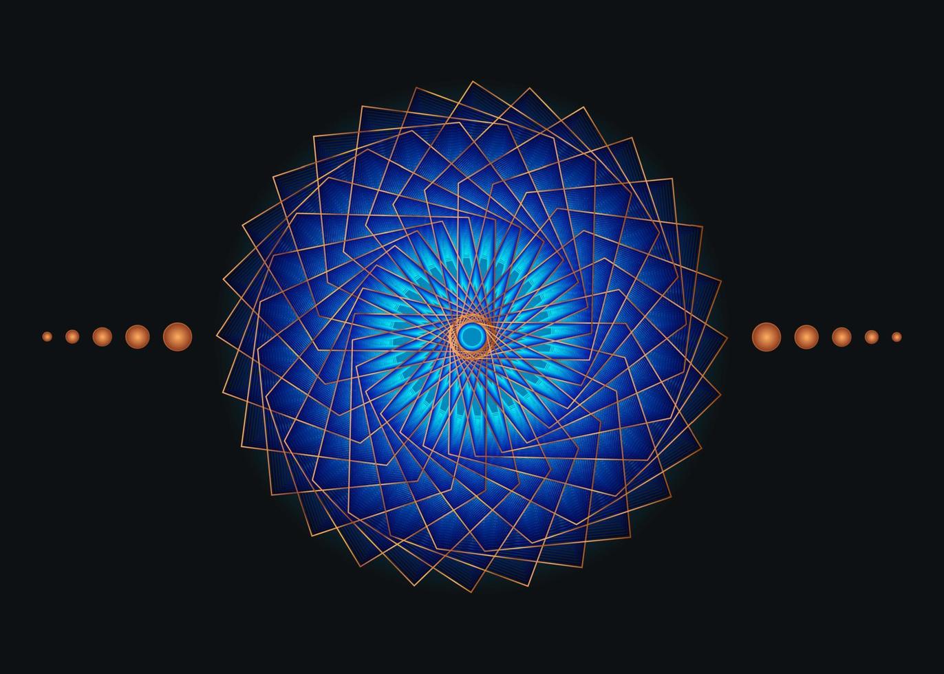 Sacred Geometry Mandala, blue flower gold meditative circle icon, geometric logo design, mystical religious wheel, Indian chakra concept, vector illustration isolated on black background