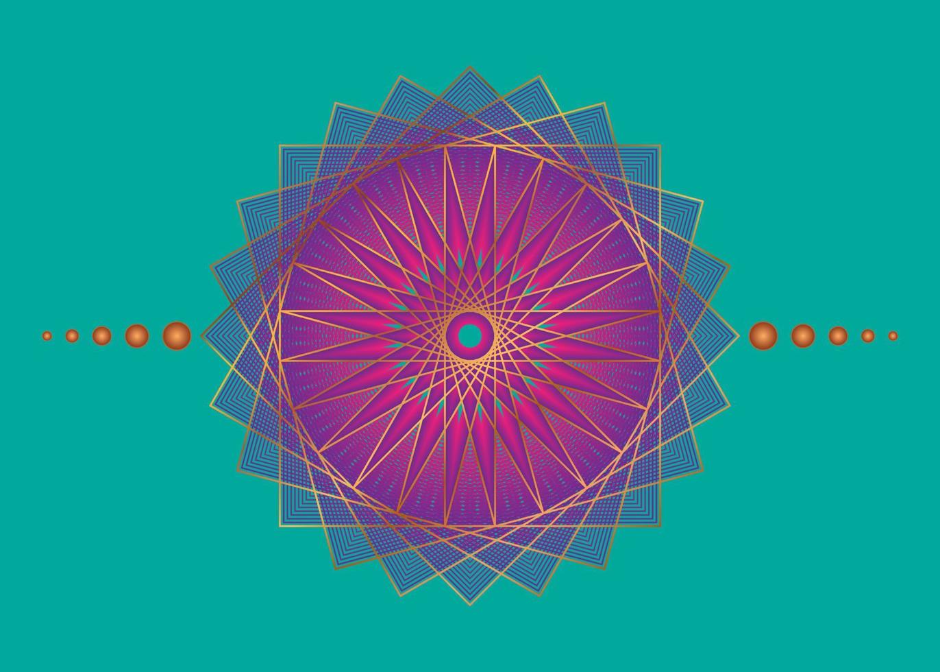 Sacred Geometry Mandala, purple flower gold meditative circle icon, geometric logo design, mystical religious wheel, Indian chakra concept, vector illustration isolated on vintage background