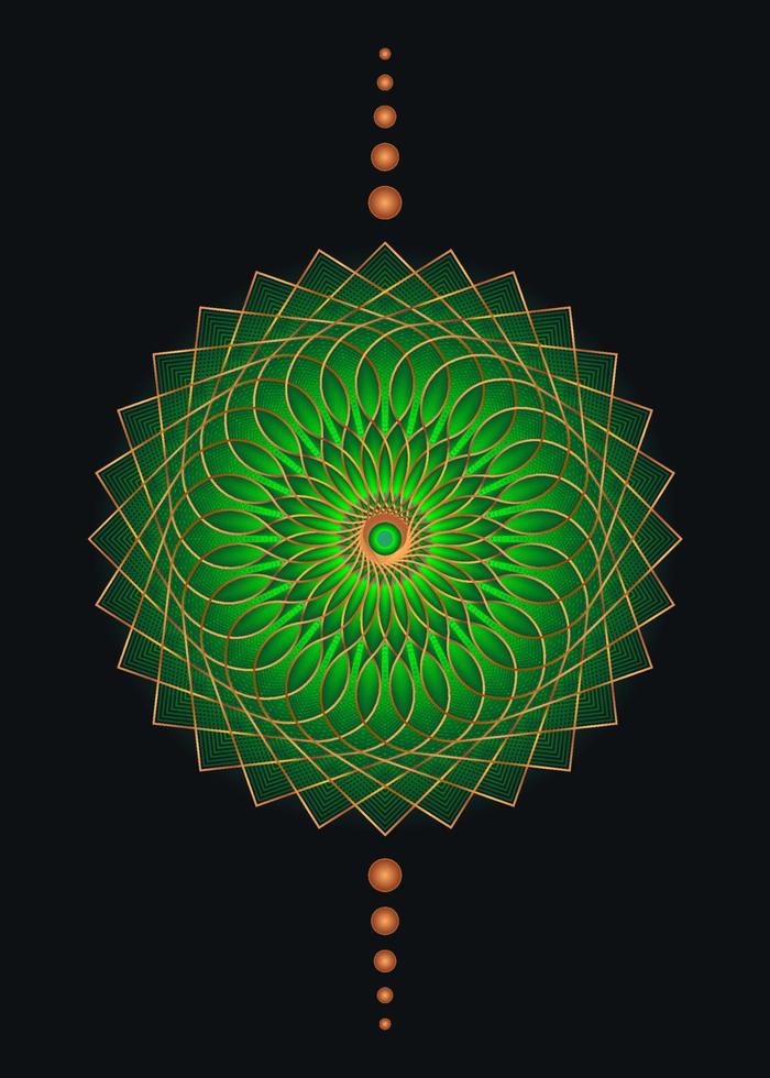 mandala de geometría sagrada, icono de círculo meditativo de oro de flor verde, diseño de logotipo geométrico, rueda religiosa mística, concepto de chakra indio, ilustración vectorial aislada en fondo negro vector