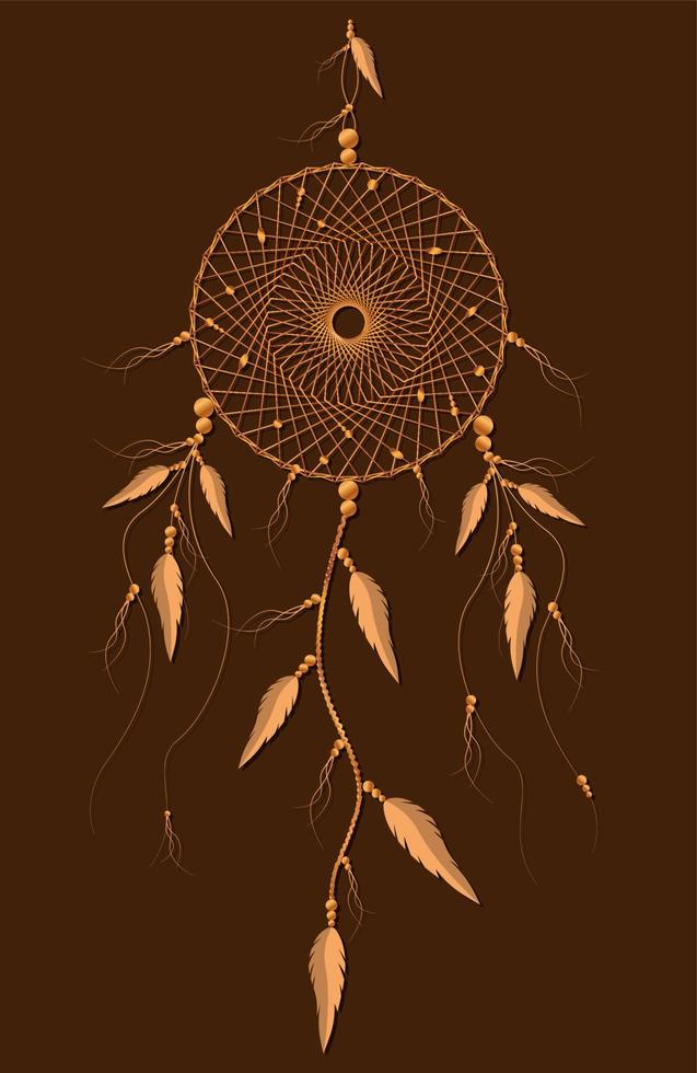 atrapasueños con adorno de mandala y plumas de pájaro. símbolo místico dorado, arte étnico con diseño boho indio nativo americano, vector aislado en un antiguo fondo marrón vintage