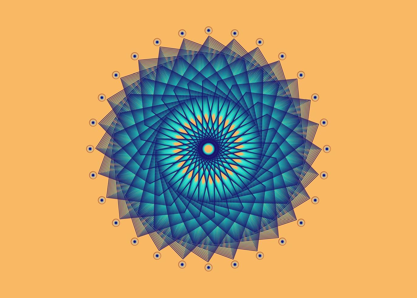 Sacred Geometry Mandala, blue flower meditative circle icon, geometric logo design, mystical religious wheel, Indian chakra concept, vector illustration isolated on yellow background