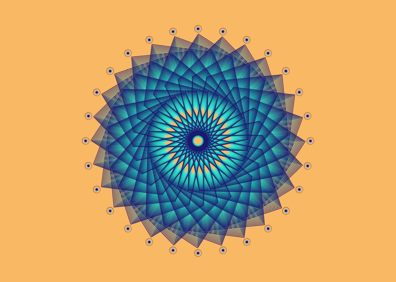 Sacred Geometry Mandala, blue flower meditative circle icon, geometric logo design, mystical religious wheel, Indian chakra concept, vector illustration isolated on yellow background