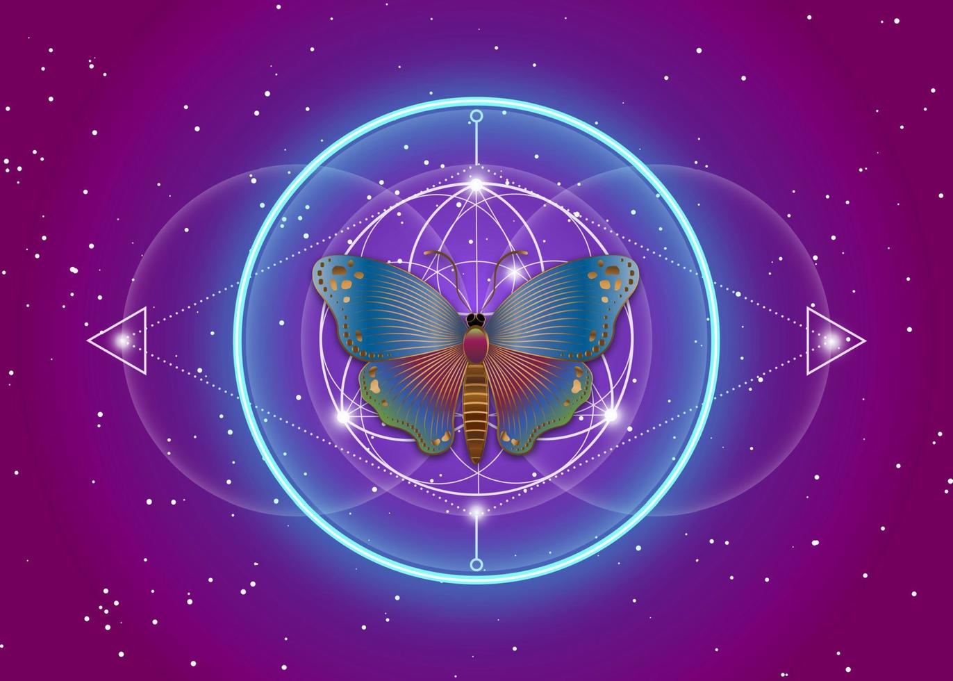 mariposa sobre mandala, geometría sagrada, símbolo de logotipo de armonía y equilibrio, neón psicodélico brillante. ornamento geométrico colorido, relajación de yoga, espiritualidad, fondo degradado púrpura vectorial vector