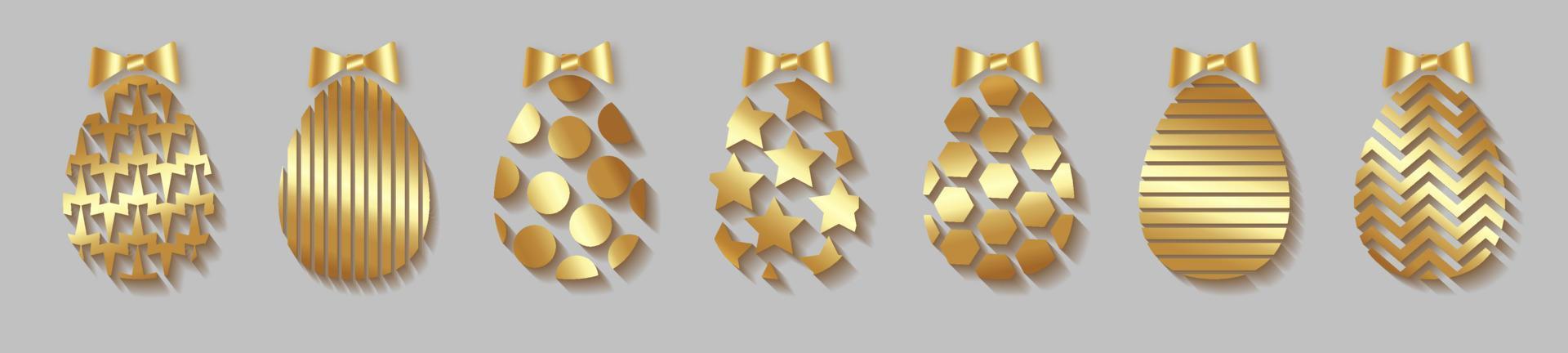 Easter egg gold icons. Golden eggs set isolated white background. Geometric design texture. Decoration Happy Easter celebration. Holiday elements pattern collection. Spring symbol Vector illustration