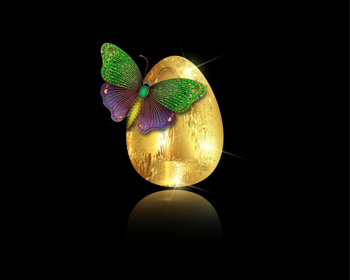 Realistic golden egg with luxury butterfly, Easter concept vector illustration isolated on black background