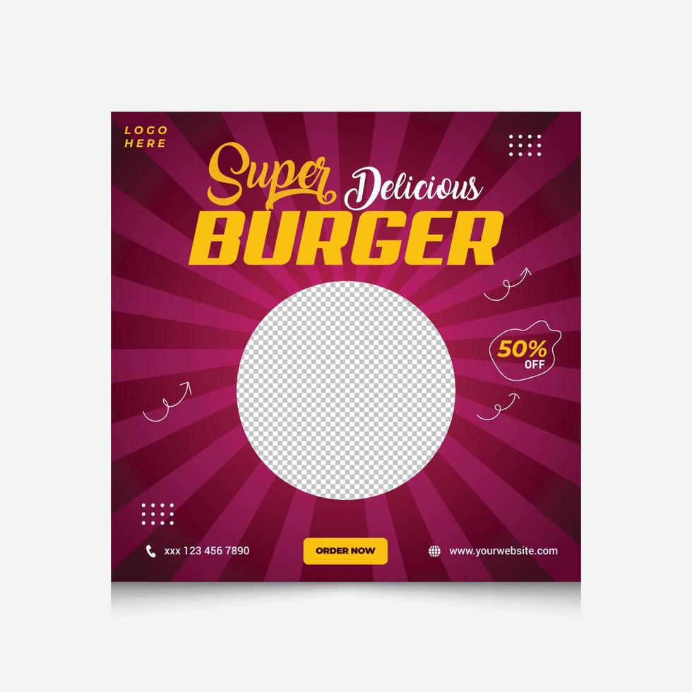 súper deliciosa plantilla de publicación en redes sociales del menú de comida de hamburguesas. plantilla de redes sociales de comida rápida para restaurante. vector