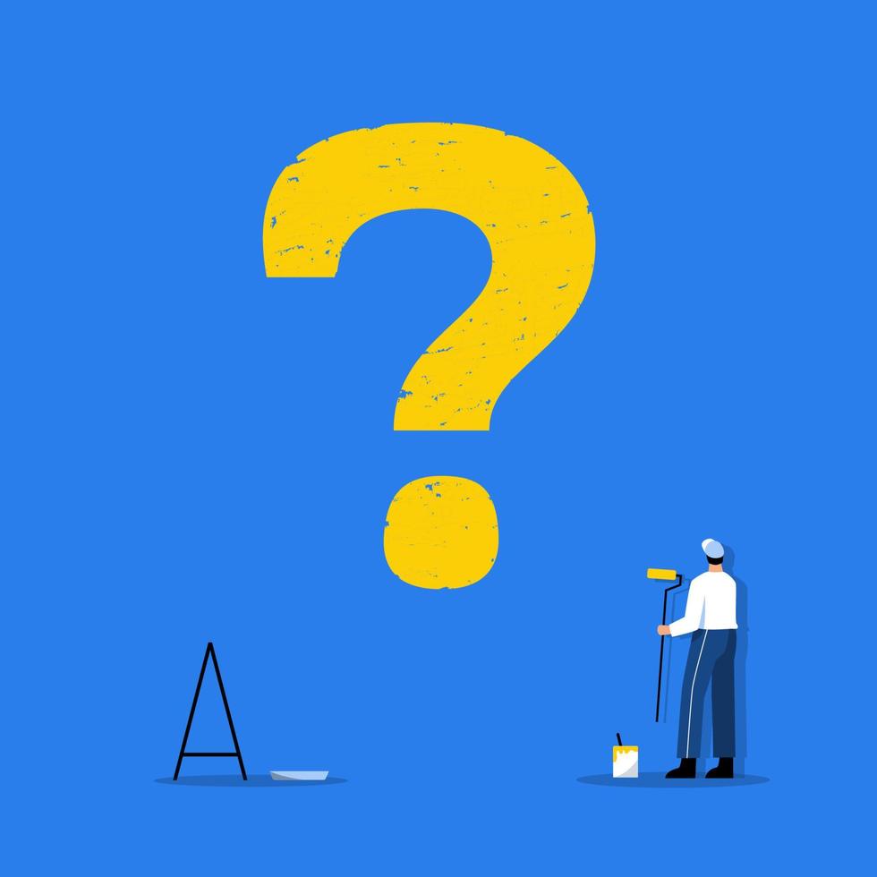 A staff painting a big question mark on a wall in flat design vector