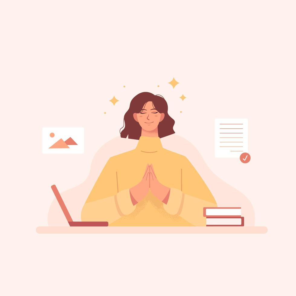 Relaxed pretty girl meditating after working or studying in flat design vector