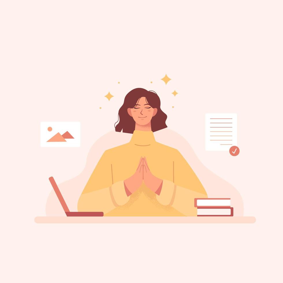 chica guapa relajada meditando después de trabajar o estudiar en diseño plano vector