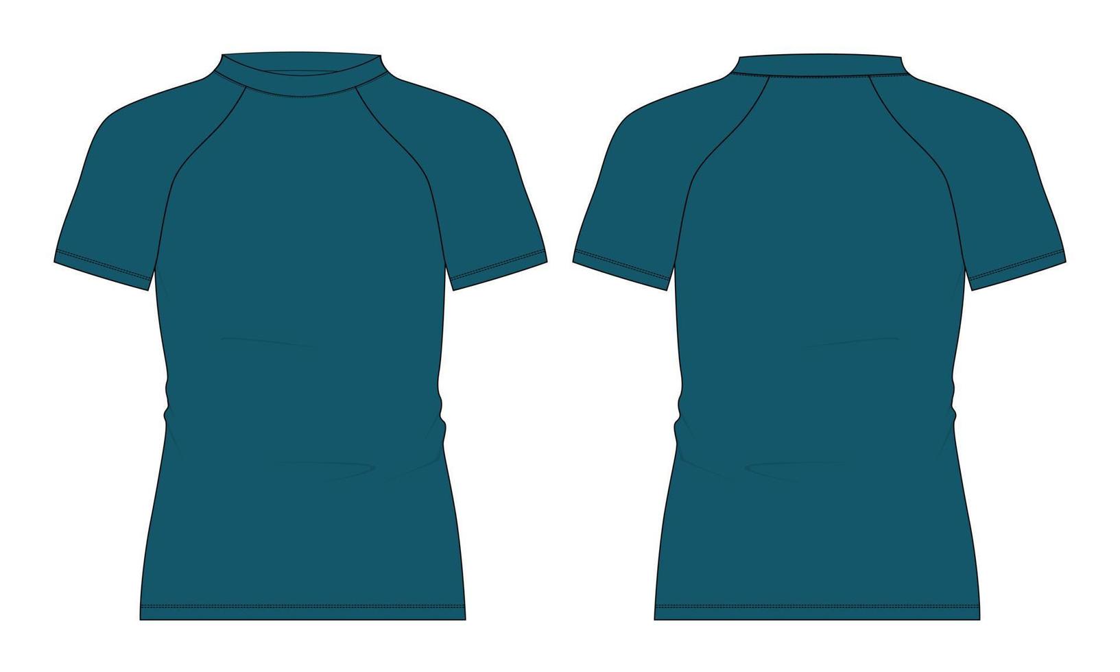 camiseta de manga corta raglán slim fit dibujo plano técnico general ilustración vectorial plantilla de color azul vista frontal y posterior. vector