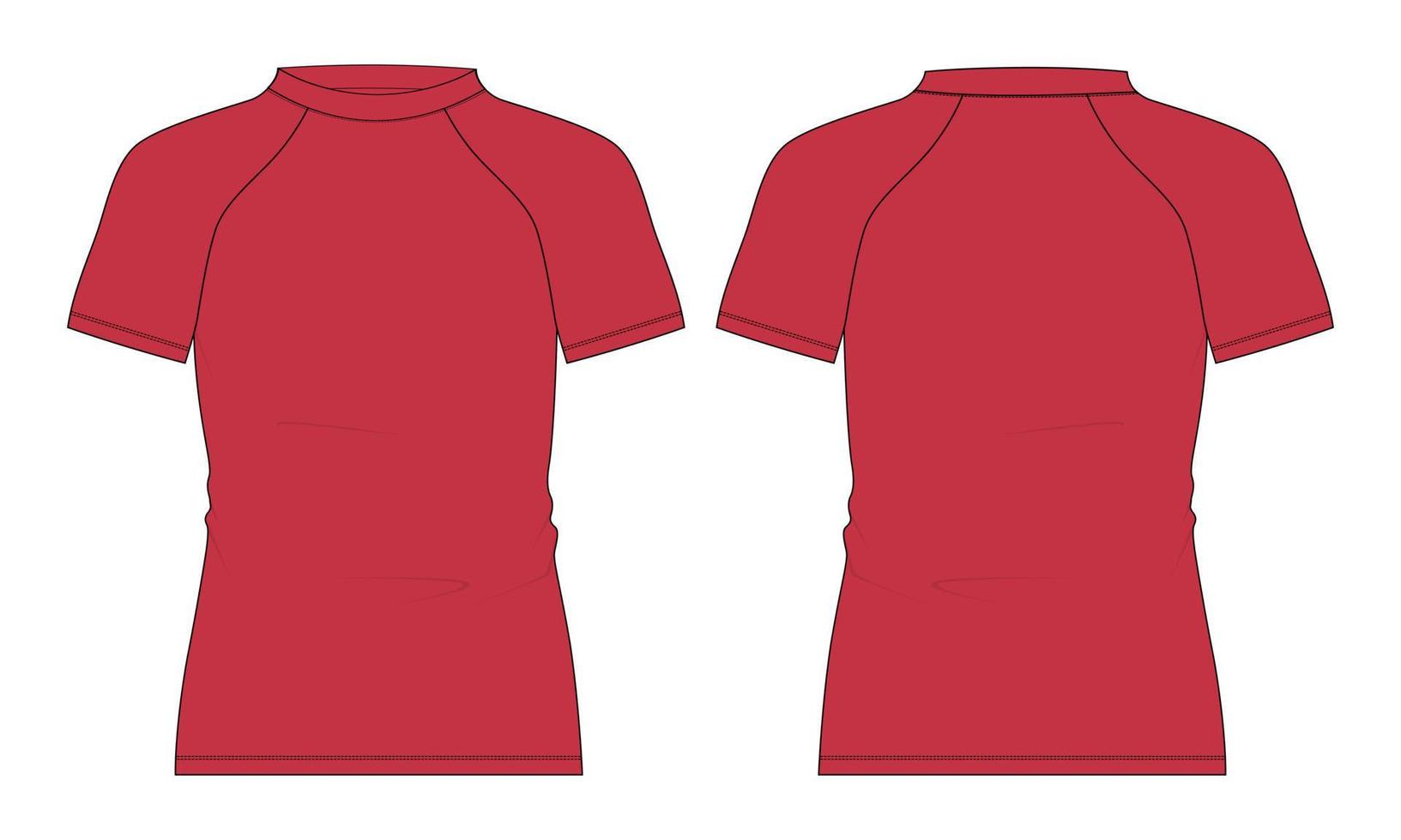 camiseta de manga corta raglan slim fit dibujo plano técnico general ilustración vectorial plantilla de color rojo vista frontal y posterior. vector