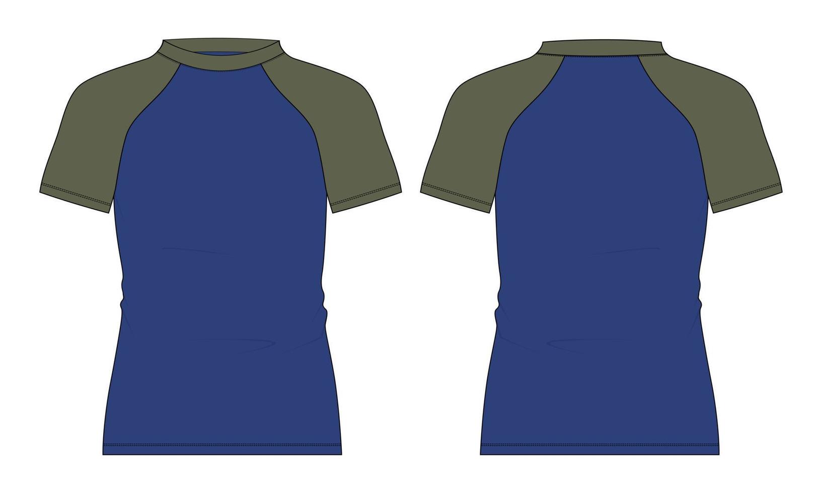 Two tone blue and green Color Short Sleeve raglan Slim fit T-Shirt Overall Technical flat sketch vector illustration Template front and back view.