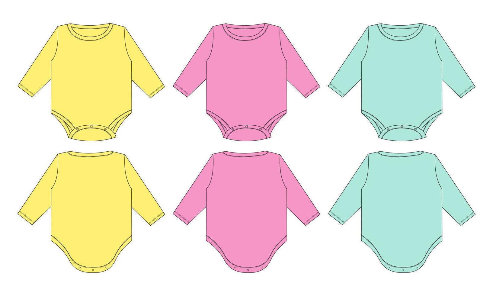 Multicolor Long Sleeve baby romper Overall technical fashion flat sketch drawing vector illustration template front and back view. Apparel Clothes design Mock up for baby girl. Kids Dress Design.