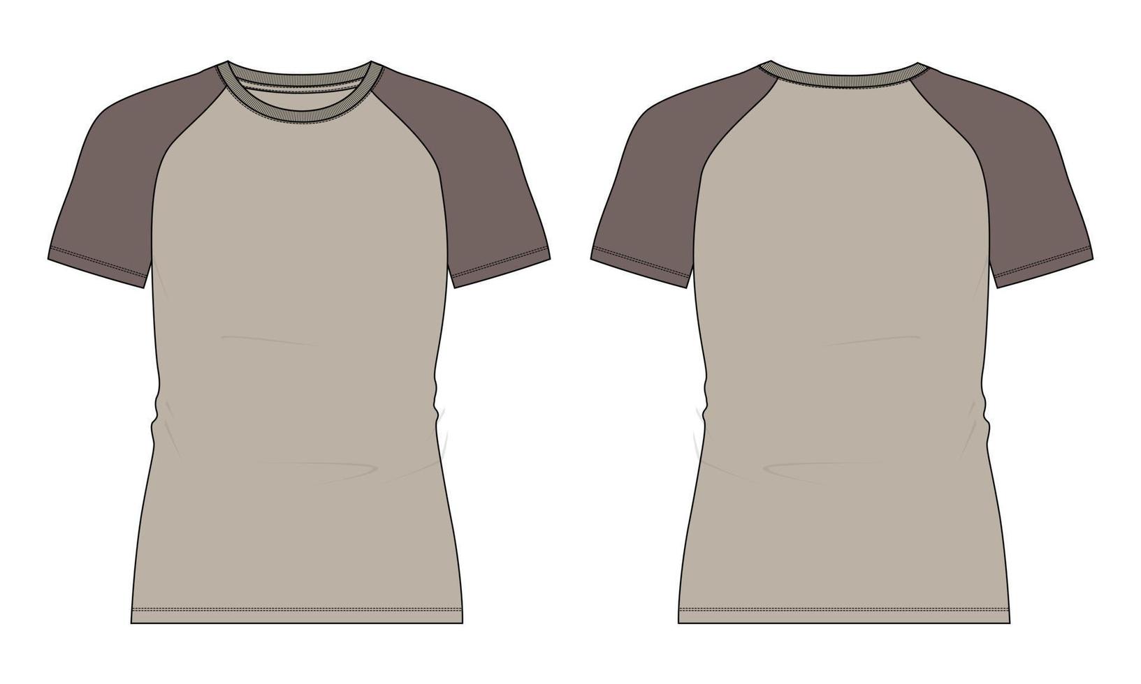 dos tonos color caqui slim fit manga corta camiseta raglán moda técnica dibujo plano vector ilustración plantilla vistas frontal y trasera aisladas sobre fondo blanco.