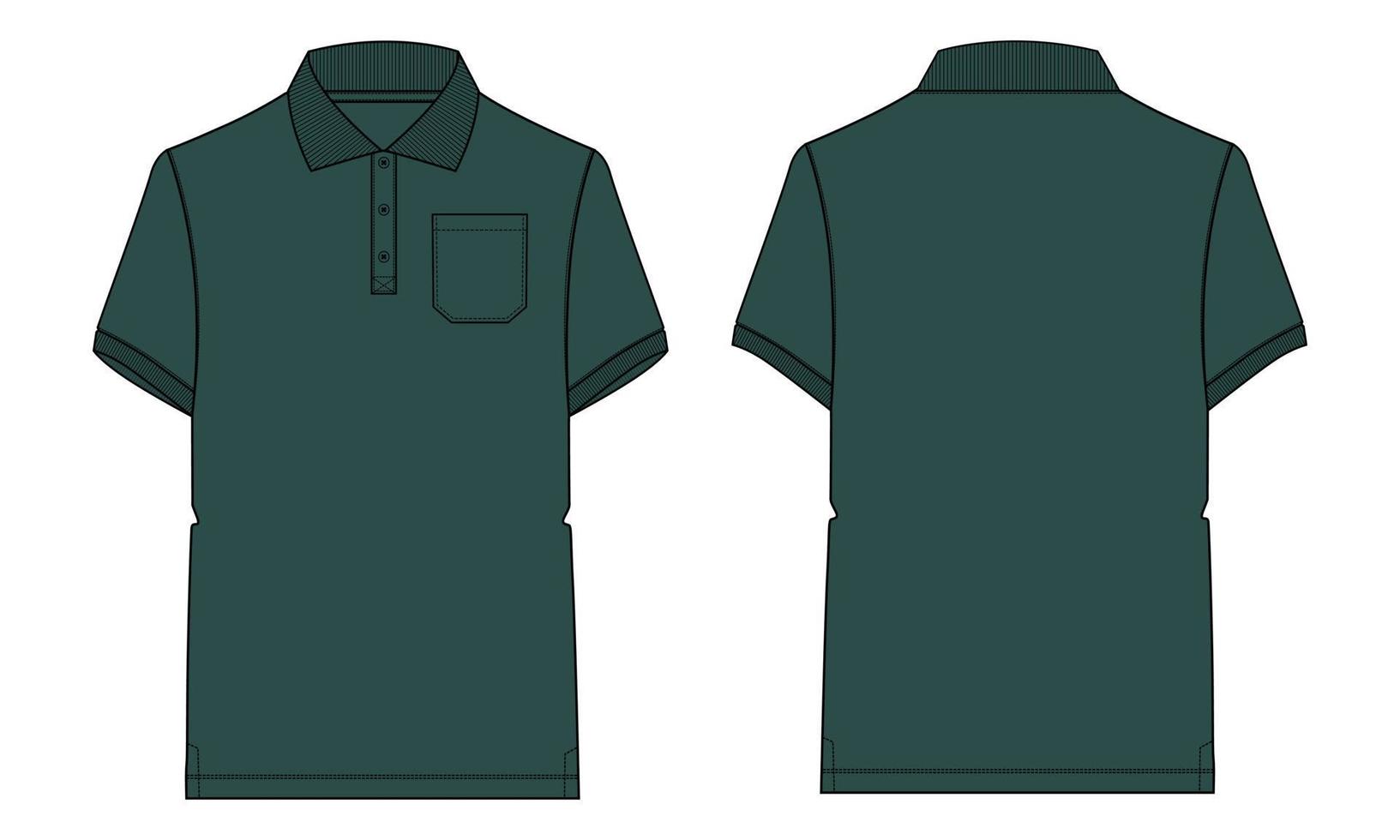 polo de manga corta moda técnica boceto plano ilustración vectorial plantilla de color verde vistas frontal y posterior. maqueta de diseño de ropa. edición fácil y personalizable vector