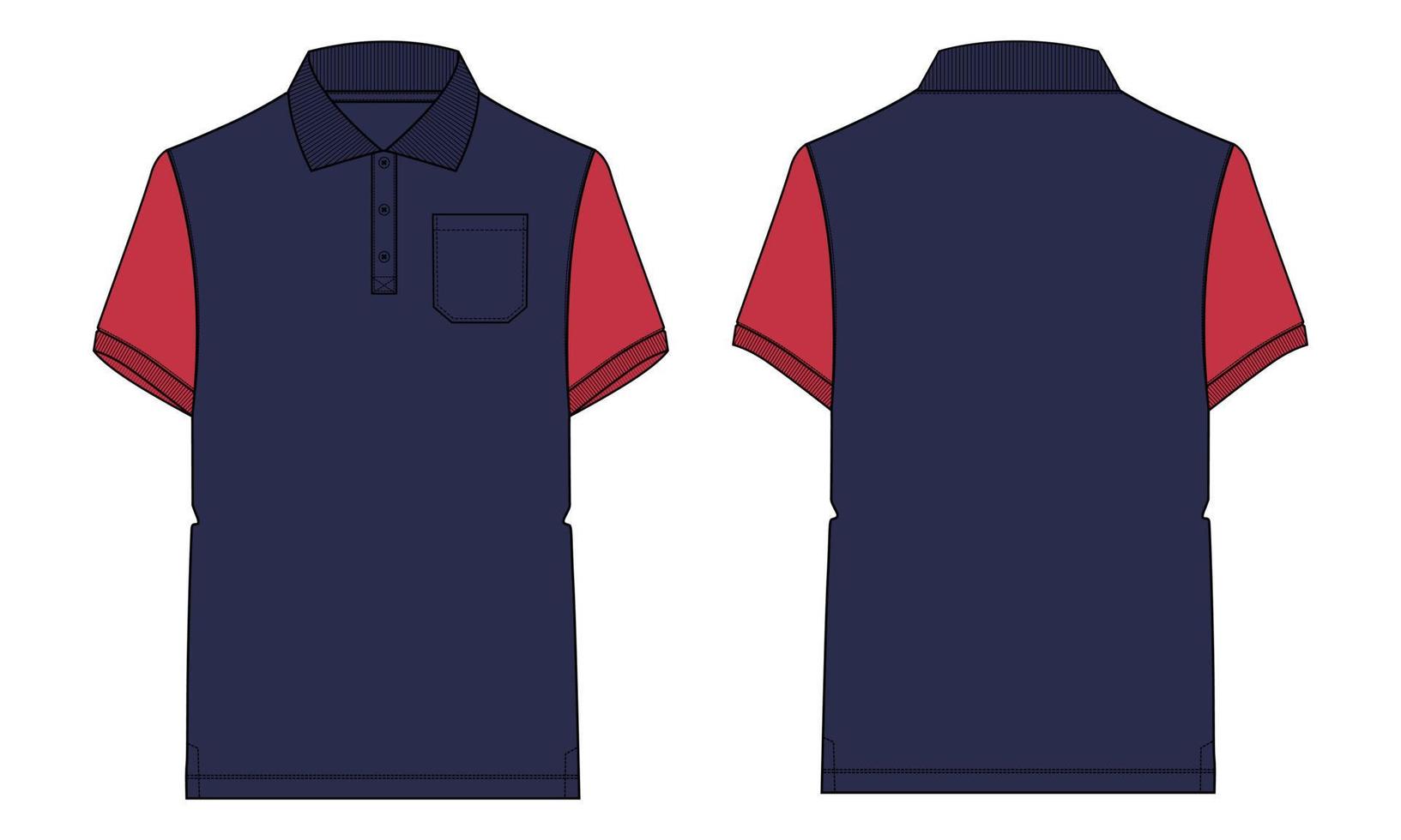 polo de manga corta de dos tonos azul marino y rojo vista frontal y posterior de la plantilla de ilustración vectorial de boceto plano de moda técnica. maqueta de diseño de ropa. edición fácil y personalizable vector