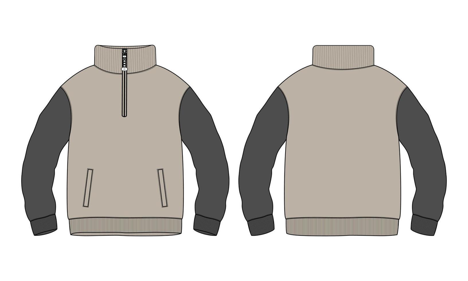 Dos tonos de color caqui jersey de algodón polar chaqueta sudadera moda técnica dibujo plano vector ilustración plantilla vistas frontal y posterior. chaqueta de suéter de ropa plana maqueta aislada en blanco