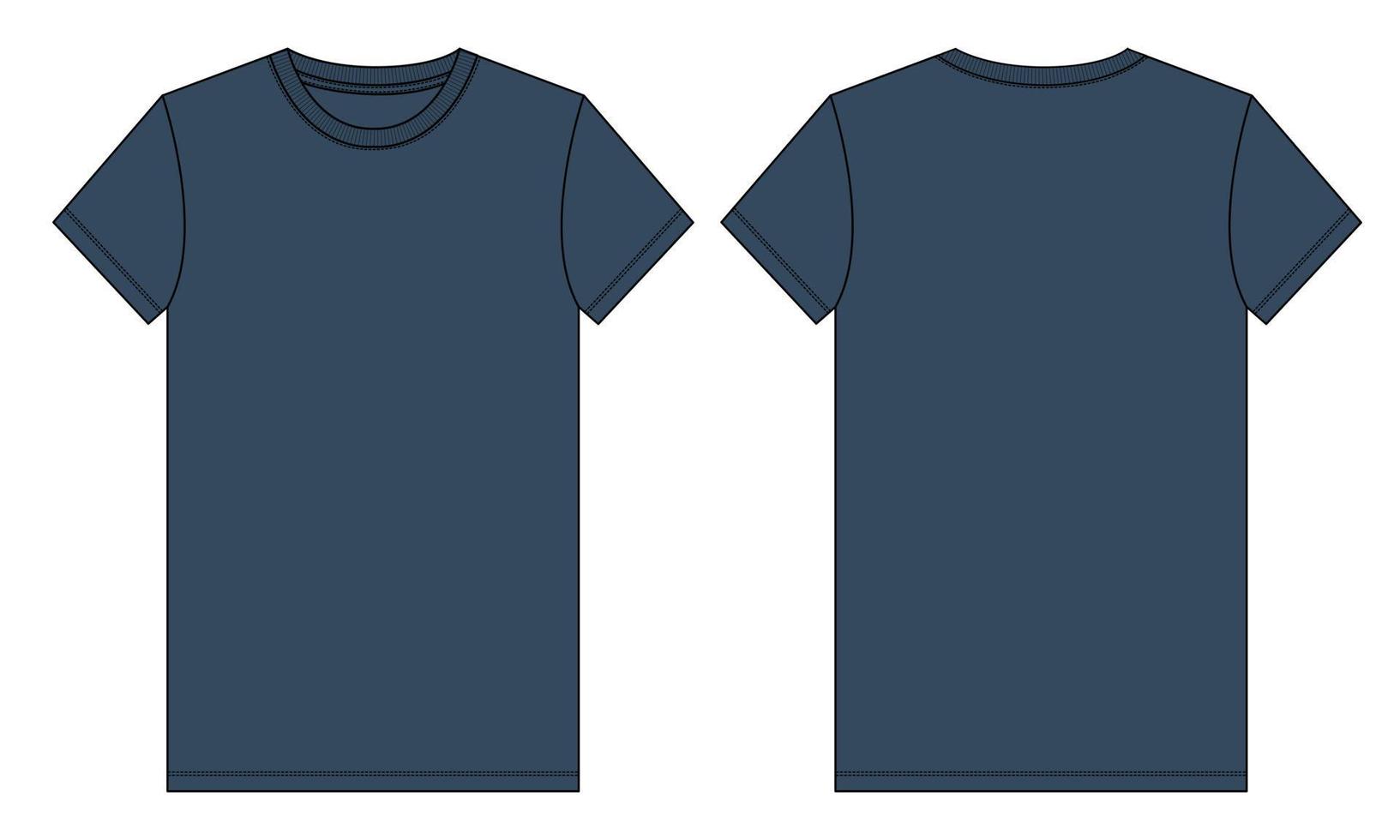 plantilla de color azul marino de boceto plano de moda técnica de camiseta de manga corta. ilustración vectorial diseño básico de ropa vista frontal y posterior. edición fácil y personalizable. vector