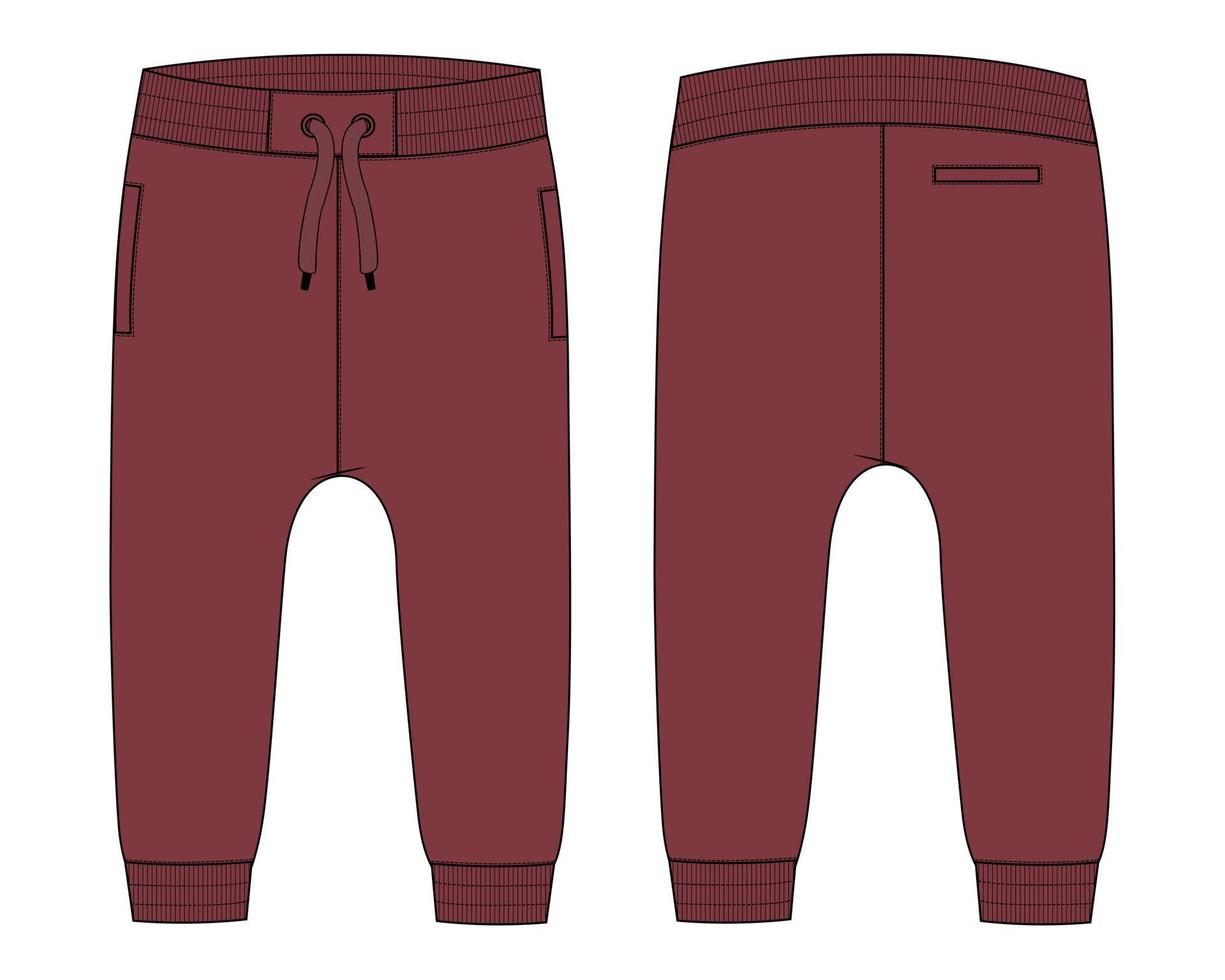 Fleece cotton jersey basic Sweat pant technical fashion flat sketch Deep Red Color template front and back views. Apparel jogger pants vector illustration mock up for kids and boys.