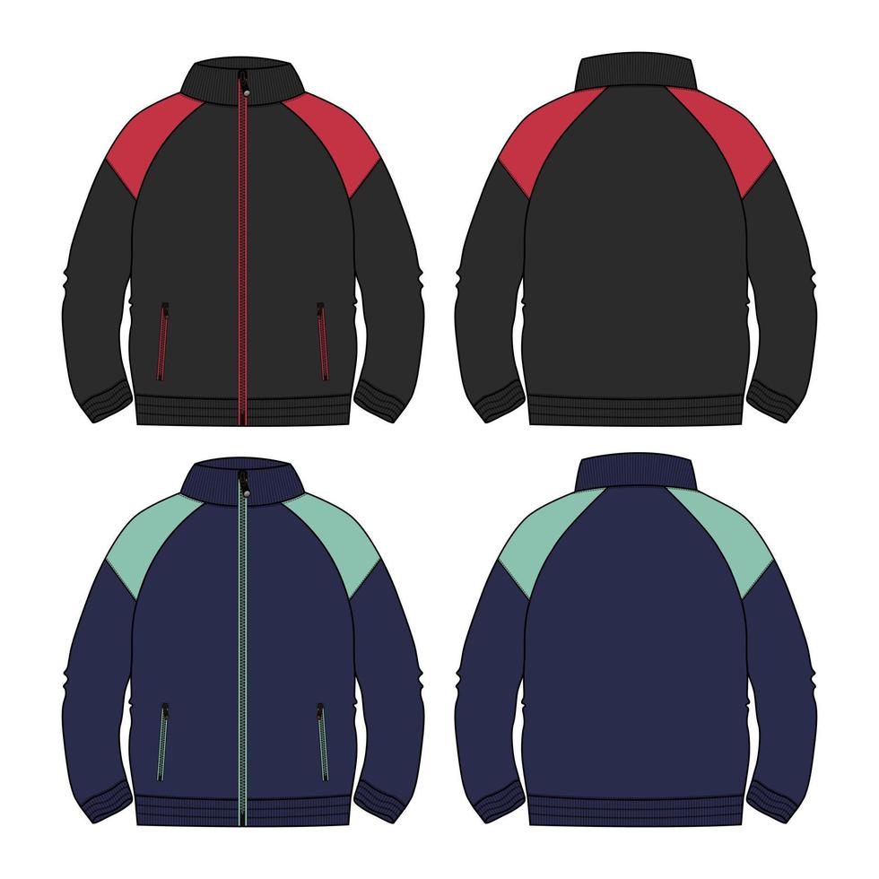 color de dos tonos con chaqueta cortada y sierra sudadera técnica moda boceto plano ilustración vectorial plantilla delantera trasera. prendas de vestir chaqueta de sudor dibujo plano negro, maqueta de color azul marino. vector