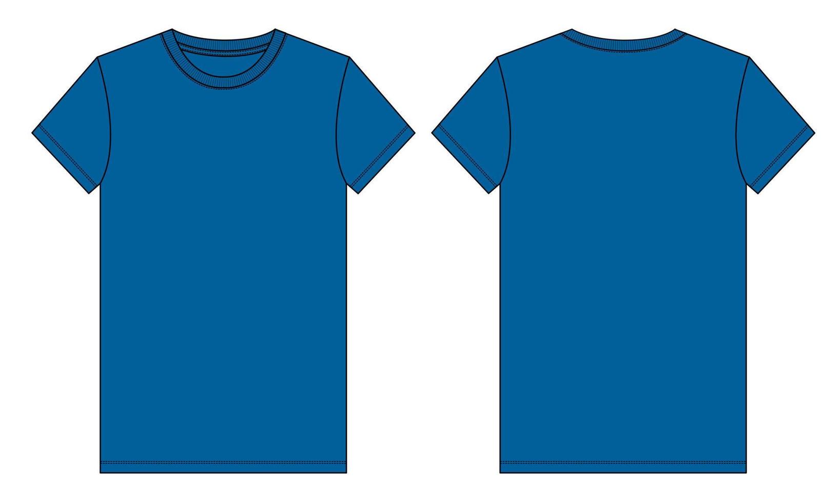 Short sleeve T shirt technical fashion Flat Sketch blue color Template. Vector illustration basic apparel design front and Back view. Easy edit and customizable.