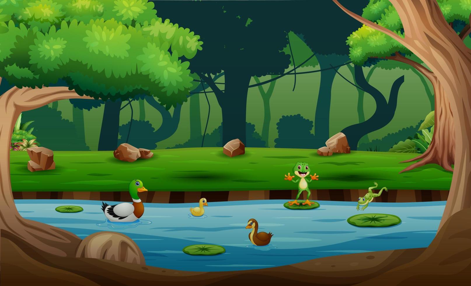 Cartoon illustration duckling and frogs playing in a river vector